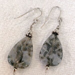 Sterling silver natural leaf carved stone 925 wire hooks